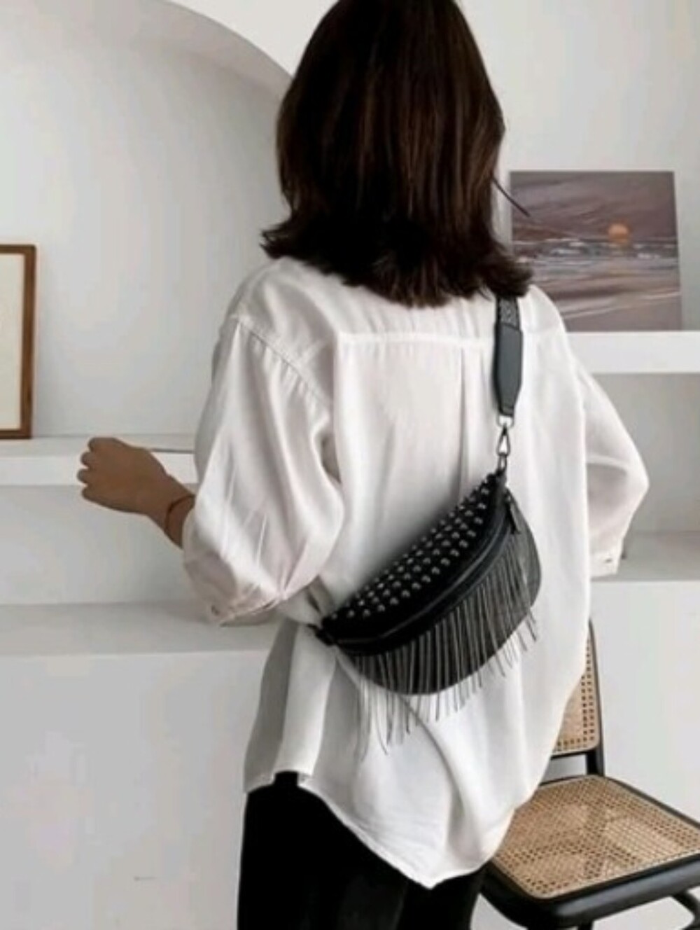 Black Studded Fringe Crossbody Bag with Patterned Strap
